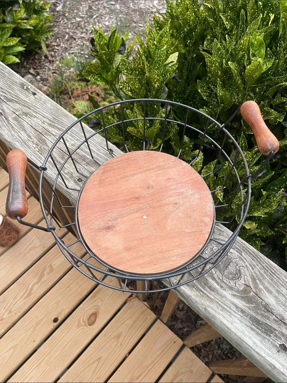 Wire Metal Storage Basket with Wood Bottom and Handles